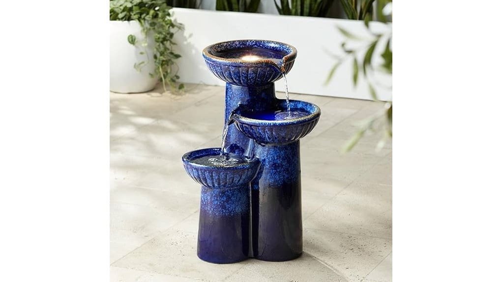 large blue tiered outdoor fountain