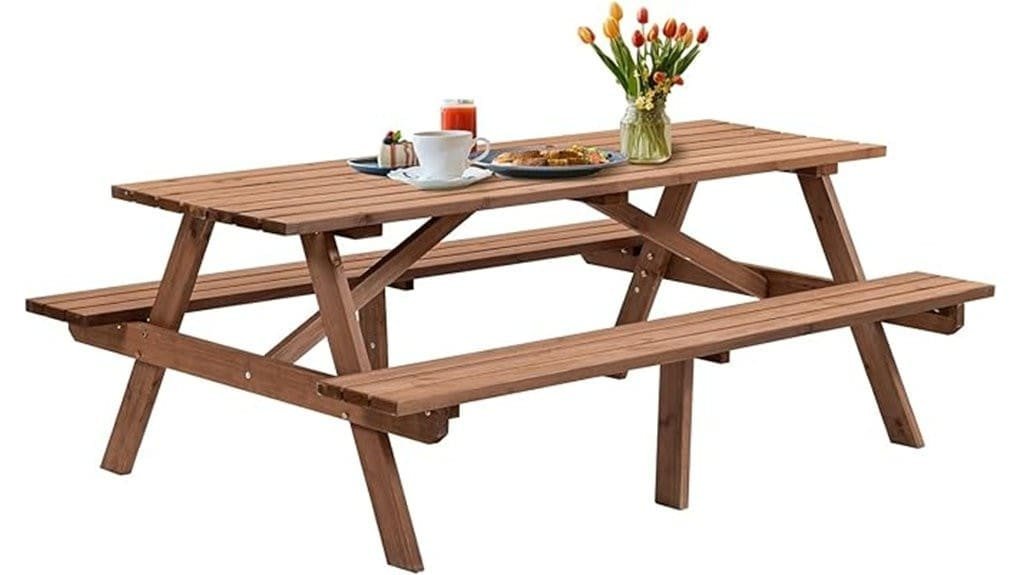 wooden picnic table with umbrella